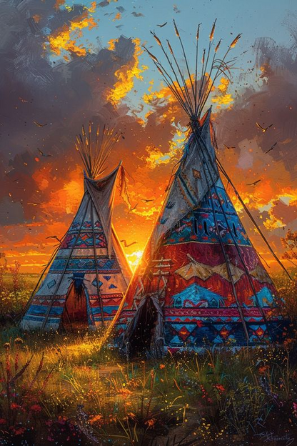 Sunset Serenity: Painted Tipis in Twilight Native American Canvas