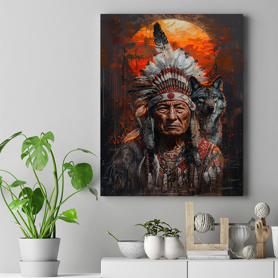 Eternal Strength: Elder and Wolf Native American Canvas