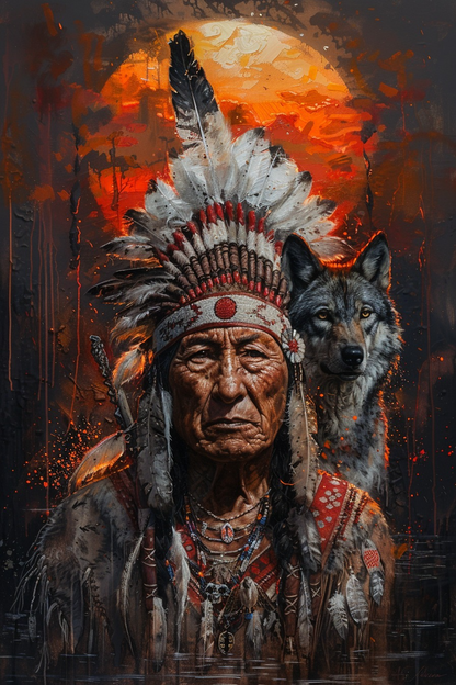 Eternal Strength: Elder and Wolf Native American Canvas