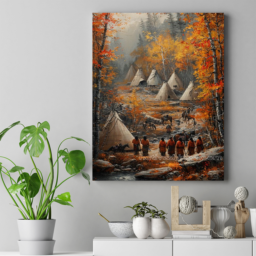 Autumn Gathering in the Teepee Village Native American Canvas