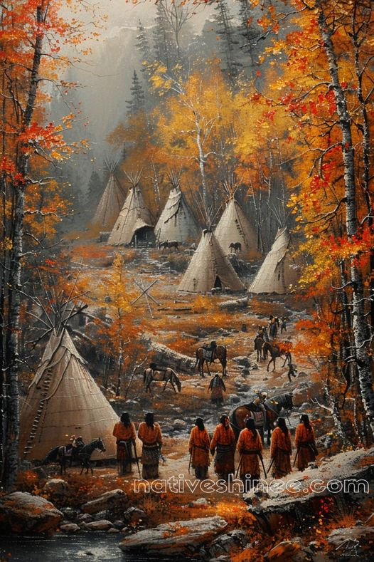 Autumn Gathering in the Teepee Village Native American Canvas