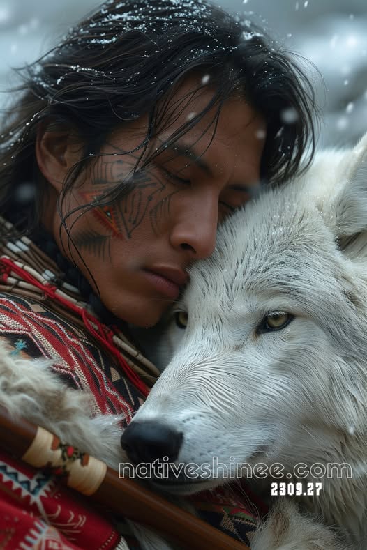 Sacred Bond: Warrior and White Wolf Canvas