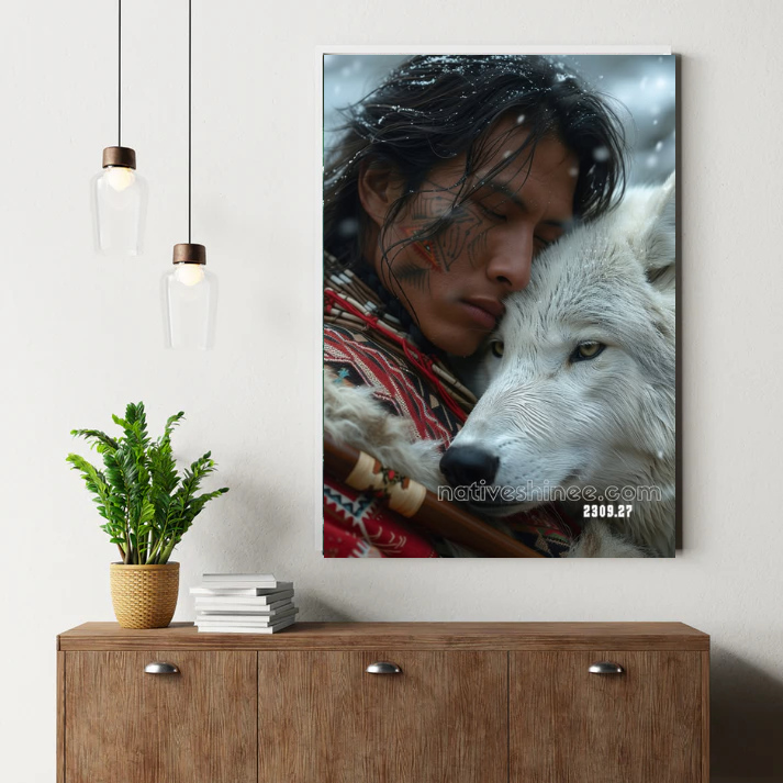 Sacred Bond: Warrior and White Wolf Canvas