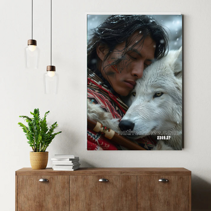 Sacred Bond: Warrior and White Wolf Canvas