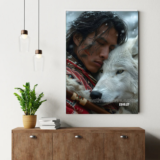 Sacred Bond: Warrior and White Wolf Canvas