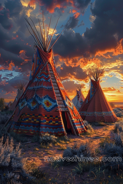 Evening Glow on Sacred Land Native American Teepee Canvas