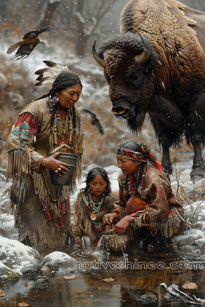 Gathering at the Bison's Stream Native American Canvas