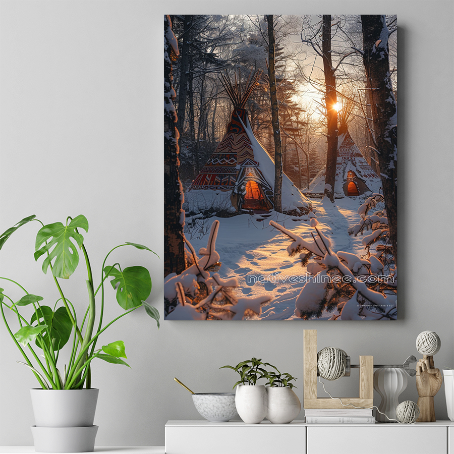 Sunrise Over Snow-Covered Teepees Native American Canvas