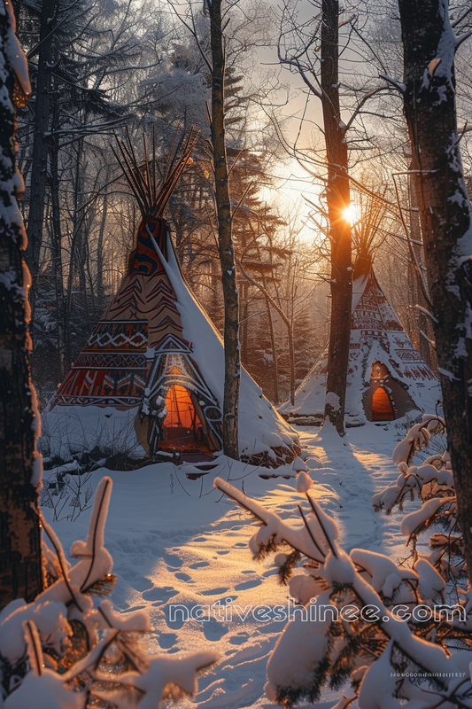 Sunrise Over Snow-Covered Teepees Native American Canvas