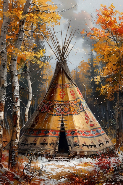 Teepee Nestled in the Birch Forest Native American Canvas