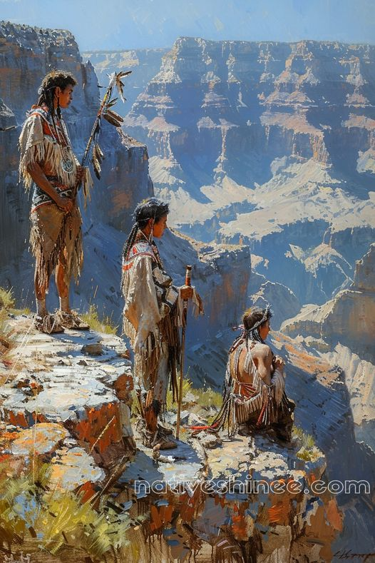 Young Warriors Overlooking the Vast Canyon Native American Canvas