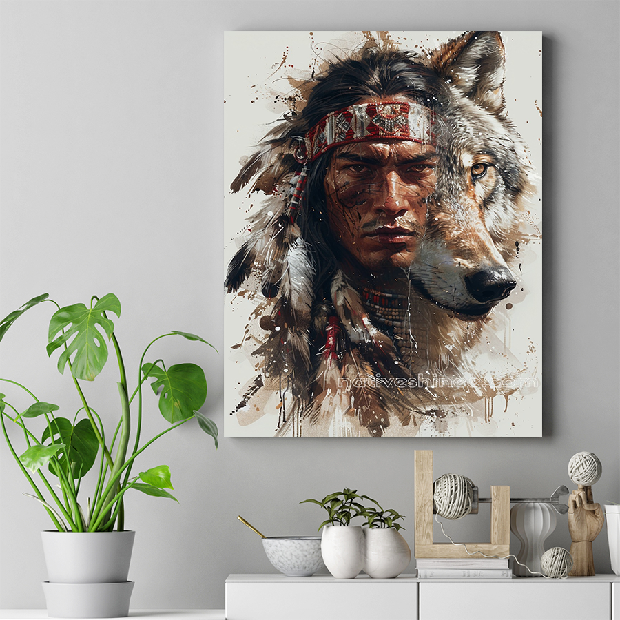 Warrior and Wolf: Spirit Bond Native American Canvas