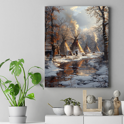 Teepees and Frost: A Winter Scene Native American Canvas