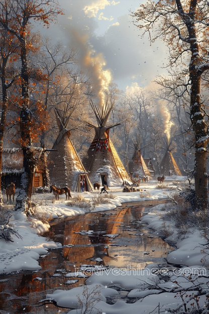 Teepees and Frost: A Winter Scene Native American Canvas