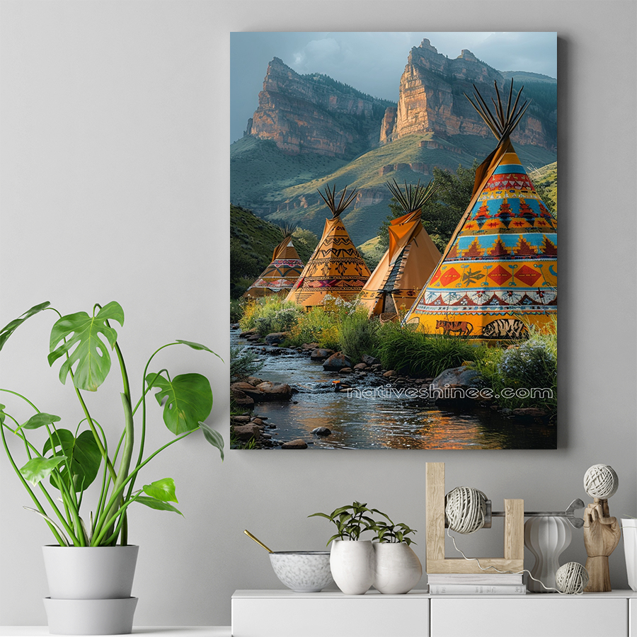 Vibrant Teepees in the Mountain Valley Native American Canvas