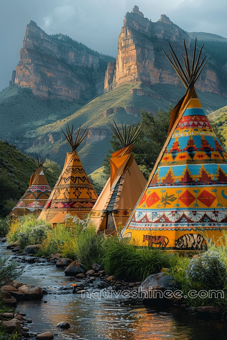 Vibrant Teepees in the Mountain Valley Native American Canvas