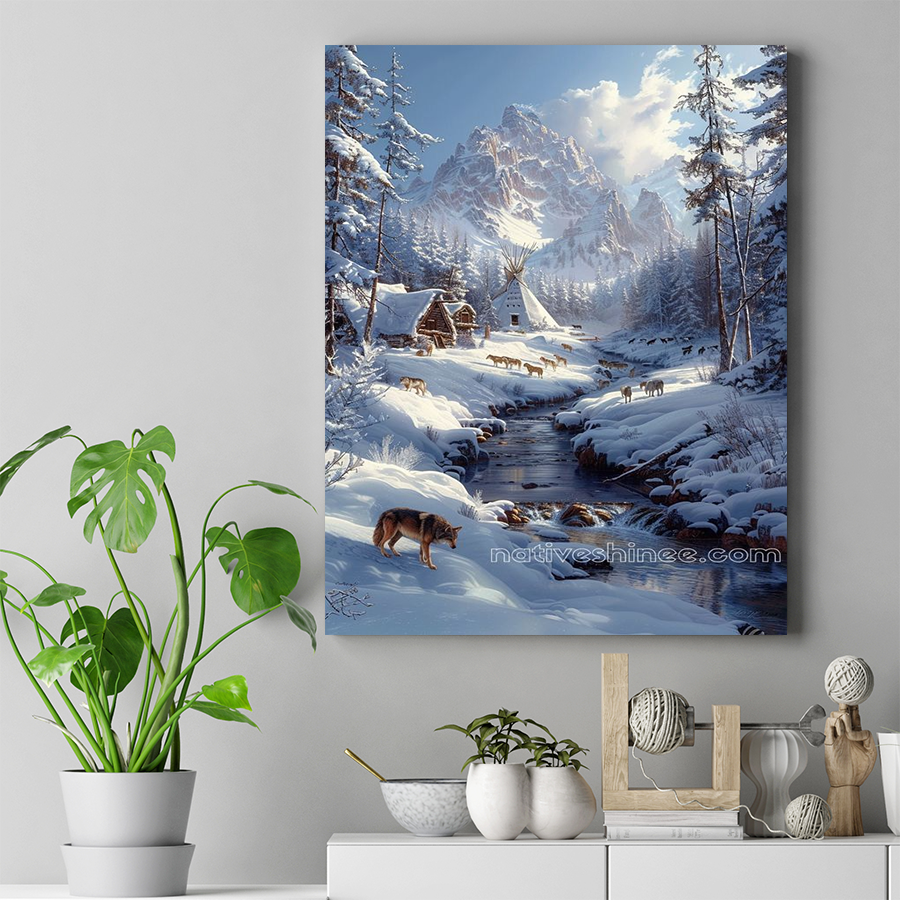 Wolves Roam in the Winter Wonderland Native American Canvas