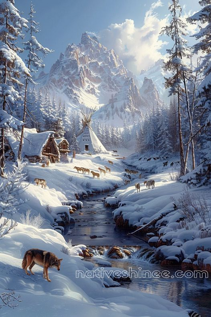 Wolves Roam in the Winter Wonderland Native American Canvas