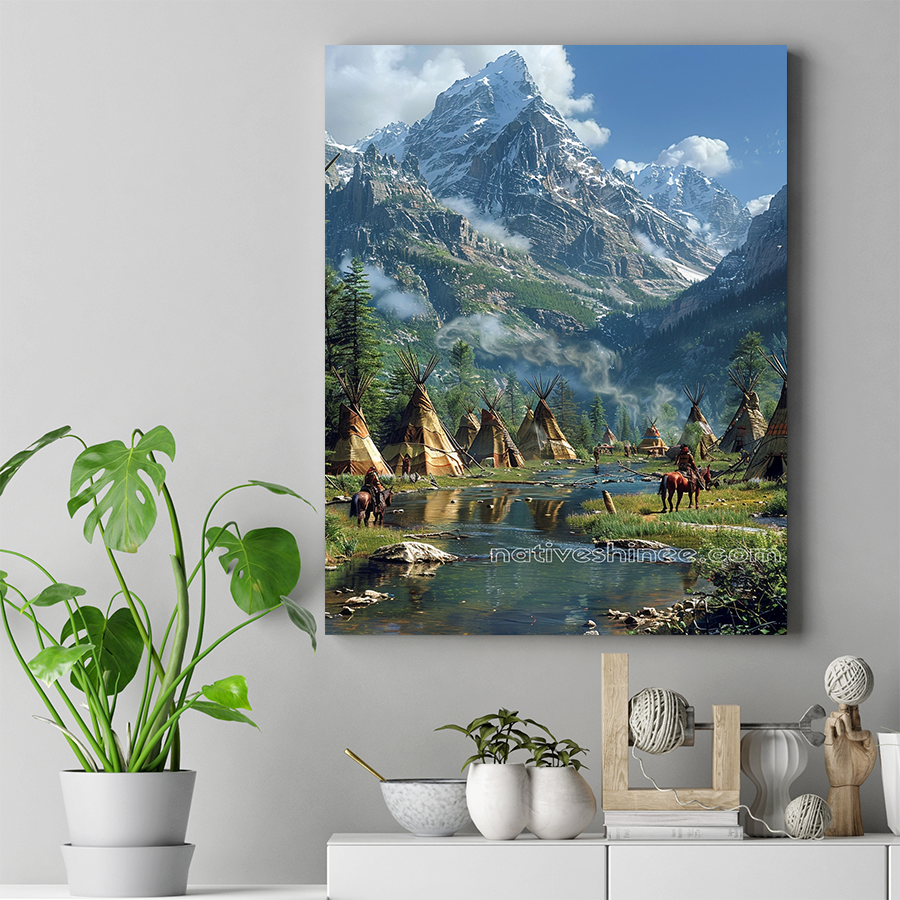 Tranquil Teepee Village in the Mountains Native American Canvas