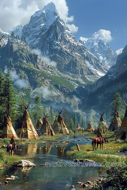 Tranquil Teepee Village in the Mountains Native American Canvas