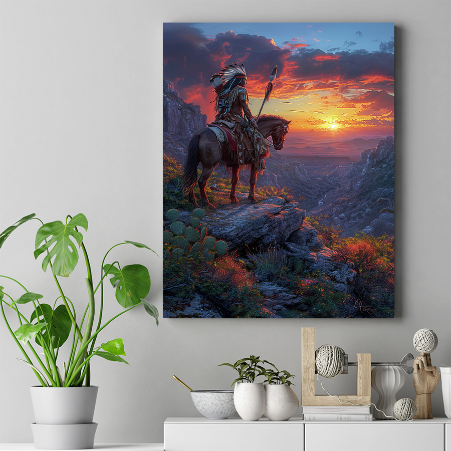 A Warrior's Reflection at Twilight Native American Canvas