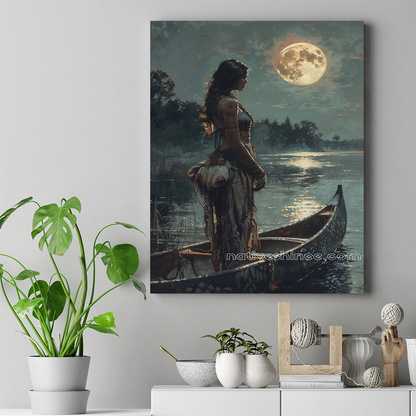 Midnight Journey of Pretty Native Woman on the Lake Native American Canvas