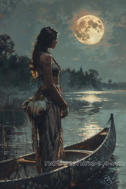 Midnight Journey of Pretty Native Woman on the Lake Native American Canvas