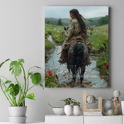 Majestic Rider in Blooming Fields Native American Canvas