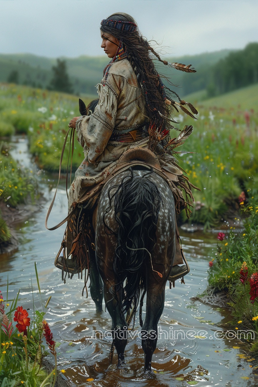 Majestic Rider in Blooming Fields Native American Canvas