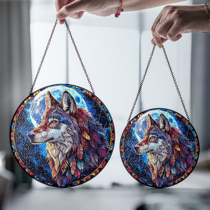 Native Wolf Stained Glass Suncatcher for Window Hanging