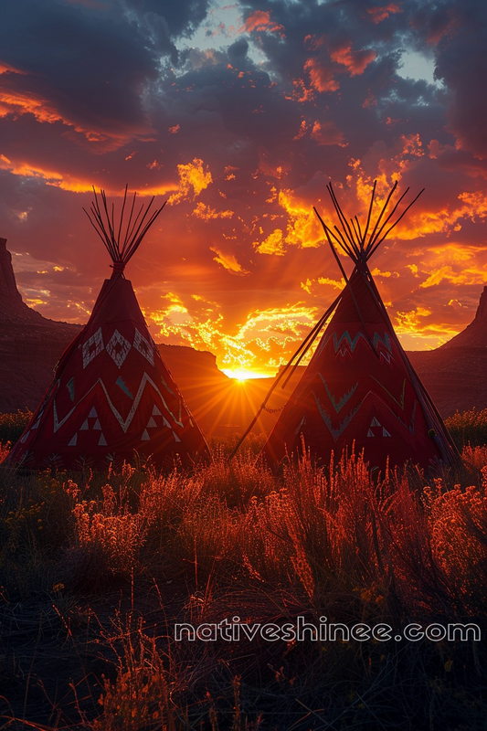 Teepees at Sunset Glow Native American Canvas