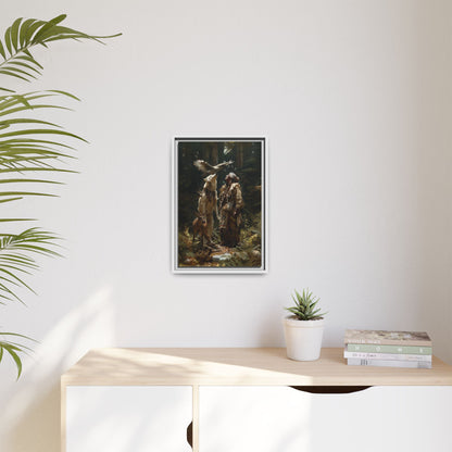 Framed Canvas Art – Native American Hunter with Wolves Forest Scene