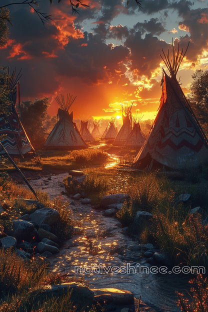 Sunset Over the Village: Native American Canvas