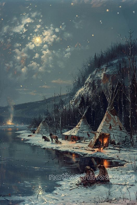 Moonlit Winter Camp Native American Canvas VA