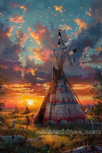 Sunset Over the Teepee Village Native American Canvas VA