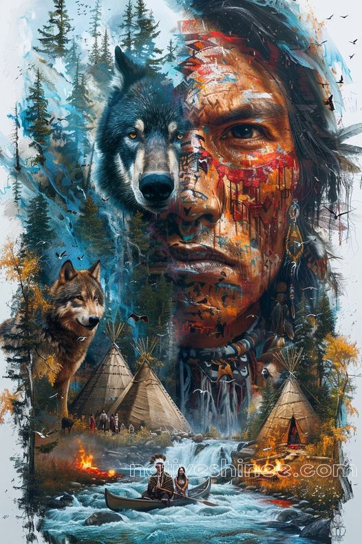 Spirit of the Wolf and Warrior Native American Canvas VA