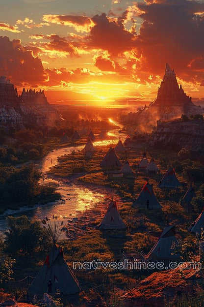 Golden Horizon: Village at Dusk Native American Canvas VA