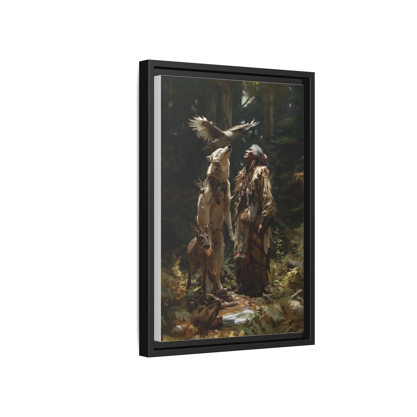 Framed Canvas Art – Native American Hunter with Wolves Forest Scene