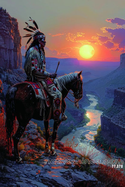 Guardian of the Canyon: Native Warrior at Sunset Native American Canvas