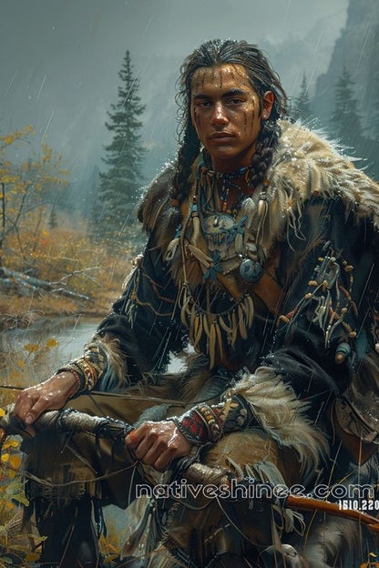 Warrior in the Rain: Strength in Solitude Native American Canvas