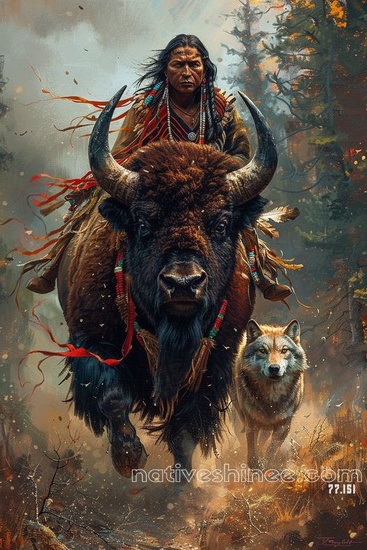 Spirit of the Wild - Bison, Warrior, and Wolf Native American Canvas