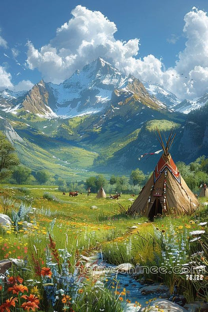 Mountain Haven - Teepee Among the Wildflowers Native American Canvas