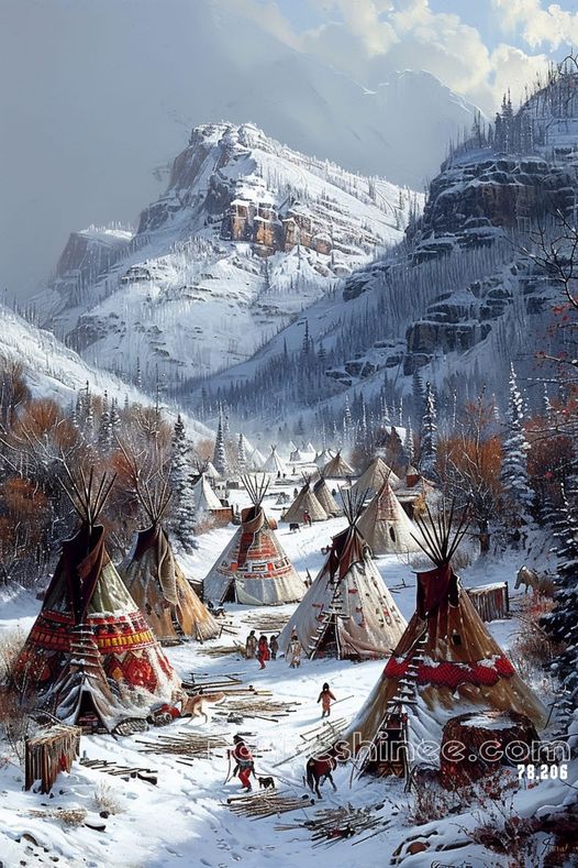 Winter Haven - Teepees in the Snowy Mountains Native American Canvas