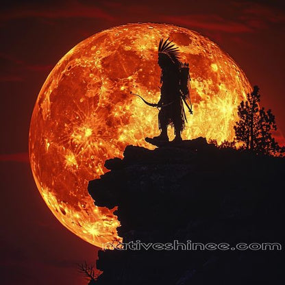 Warrior’s Silhouette Against the Harvest Moon Native American Canvas