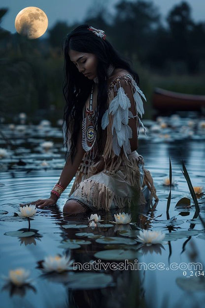 Moonlit Reflection Among Lilies Native American Canvas