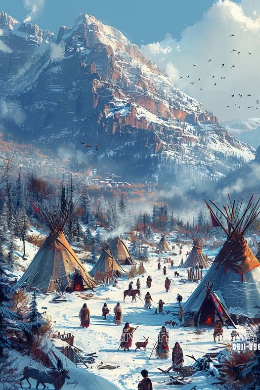 Village Beneath the Peaks Native American Canvas