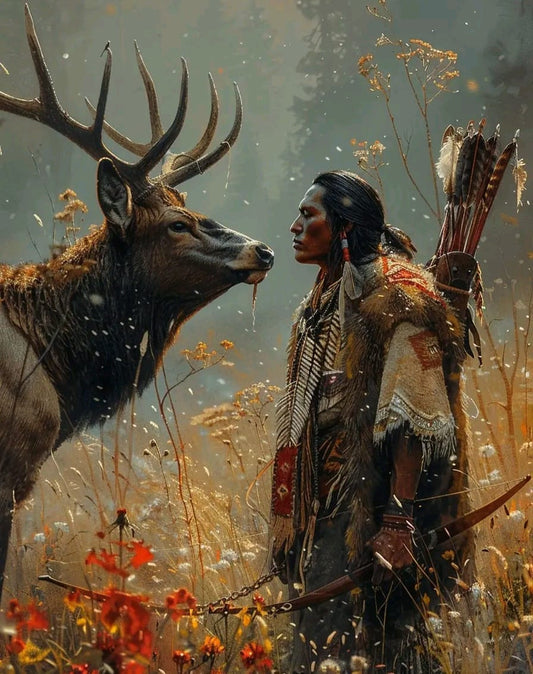 Sacred Connection: Native Hunter and Elk Canvas