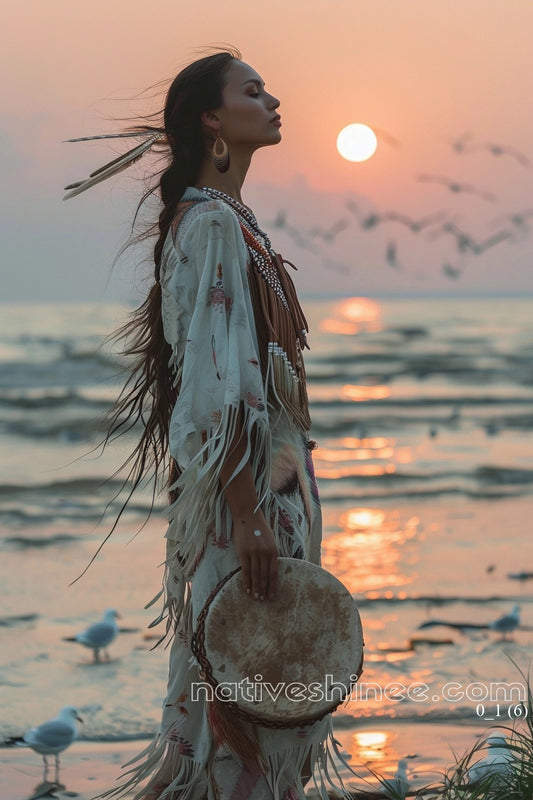 Sunset Serenity: Native Woman by the Shore Canvas
