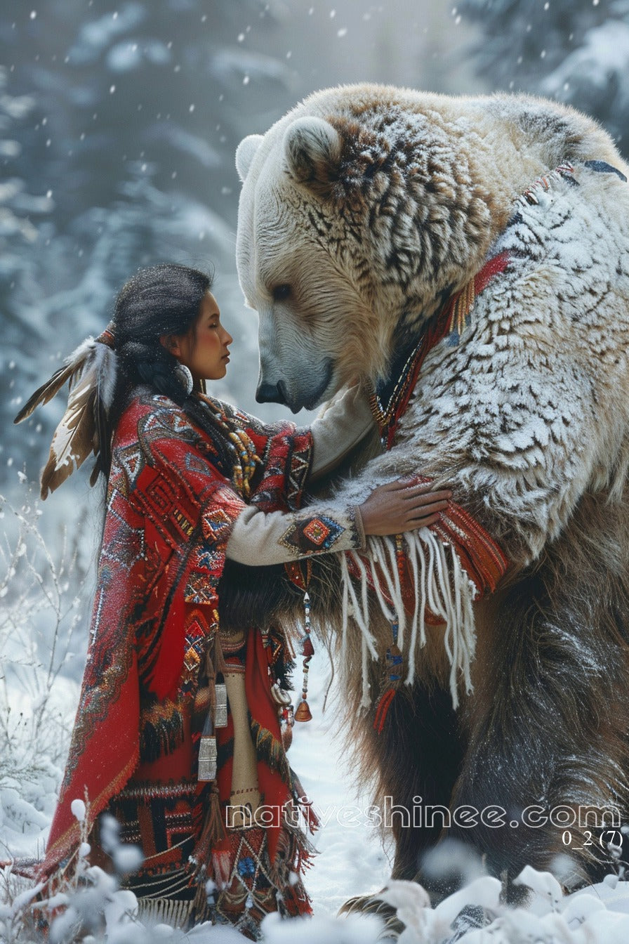 Native Woman and Spirit Bear Connection Native American Canvas