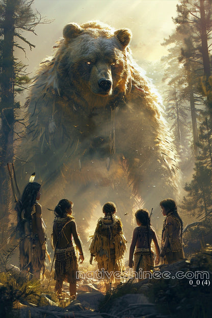 Children and Sacred Bear Encounter Native American Canvas